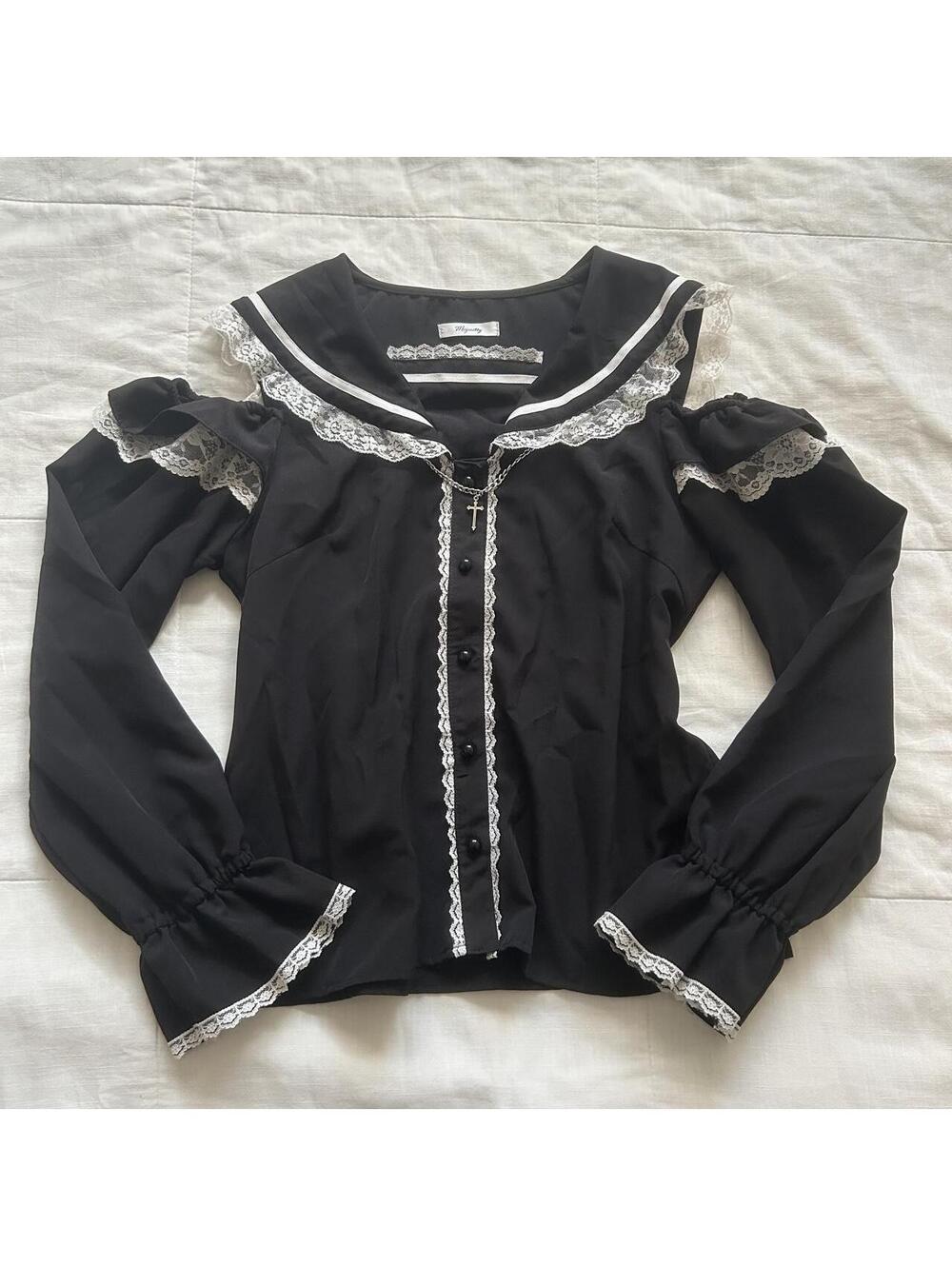 Japanese Brand Black Sailor Blouse Lace Trim Cold Shoulder Cross Japan